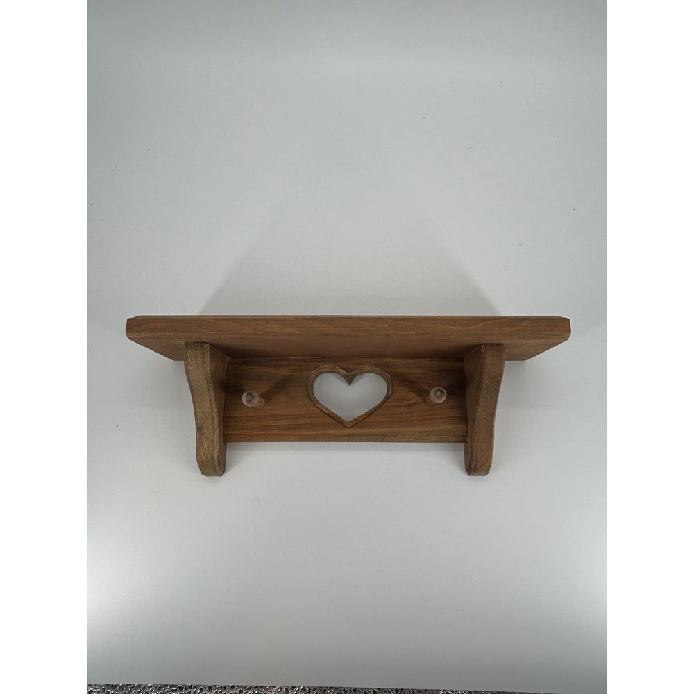 Vintage Wooden Heart Cutout Wall Shelf with Peg Hooks Rustic Country Decor